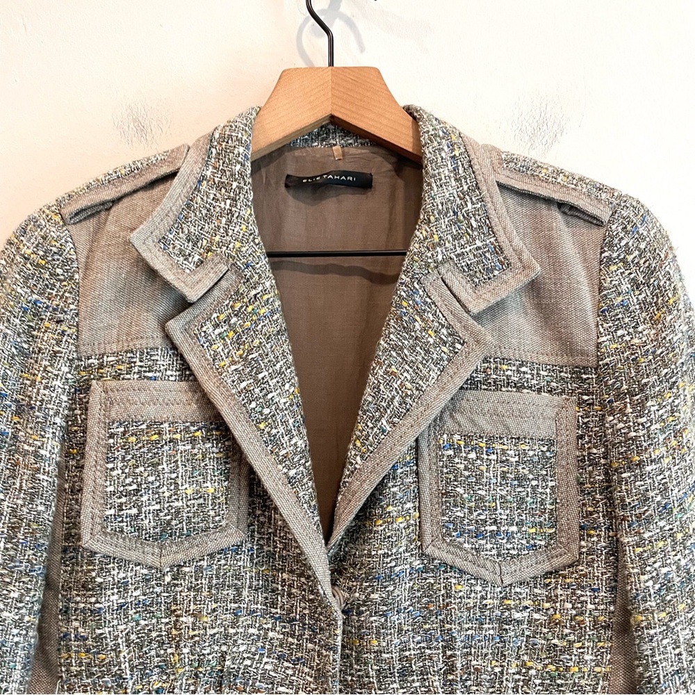 Elie Tahari 2 PC Linen Blend Tweed Blazer Pants Suit Set - Picture 3 of 16
